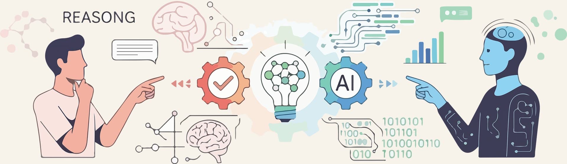 Illustration of a person thinking and pointing toward a light bulb, gears, and an AI symbol, with a humanoid AI figure pointing back from the other side amid brains, circuits, charts, and binary code.