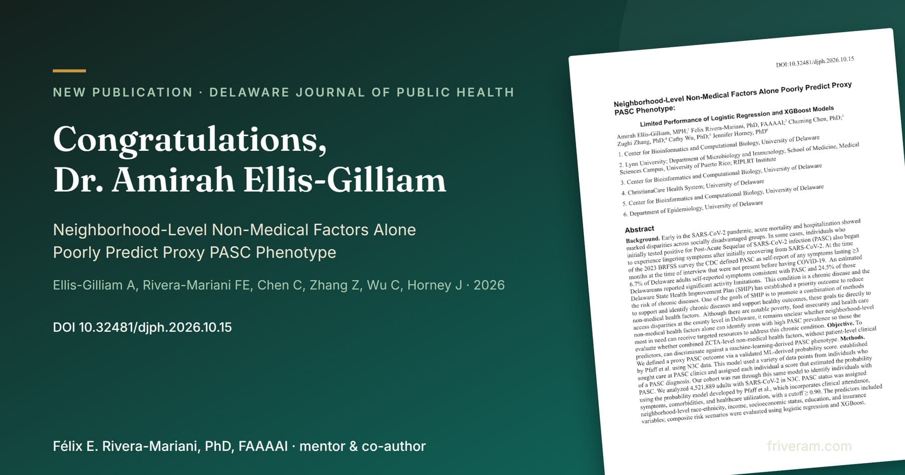 Announcement card on a dark teal background reading “New publication · Delaware Journal of Public Health — Congratulations, Dr. Amirah Ellis-Gilliam,” with the paper title, author list, and DOI 10.32481/djph.2026.10.15, beside a tilted image of the article’s first page.