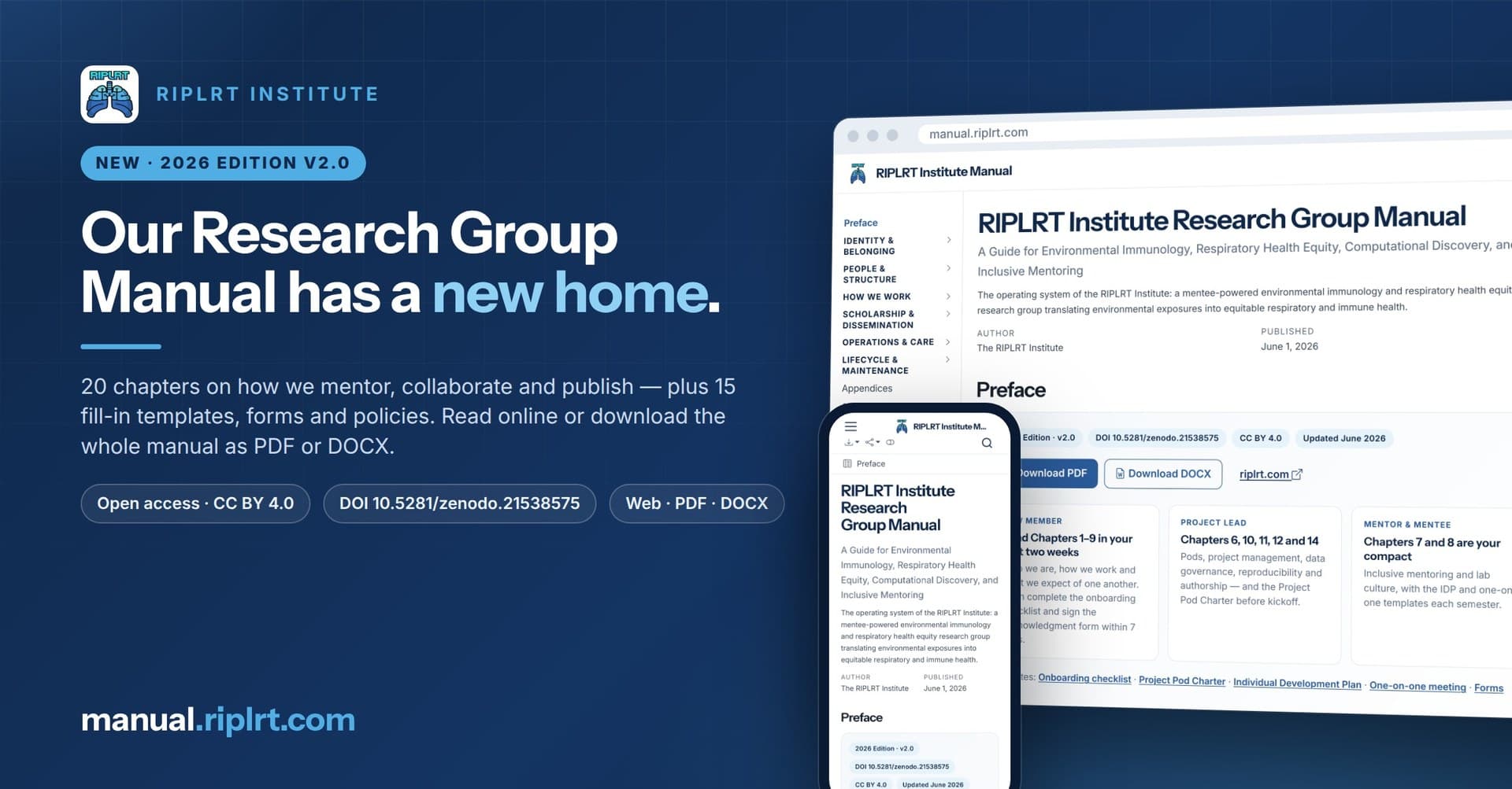 Announcement graphic on a navy RIPLRT Institute background: “Our Research Group Manual has a new home,” labeled New · 2026 Edition v2.0, with screenshots of manual.riplrt.com on a laptop and a phone and badges for open access CC BY 4.0 and DOI 10.5281/zenodo.21538575.