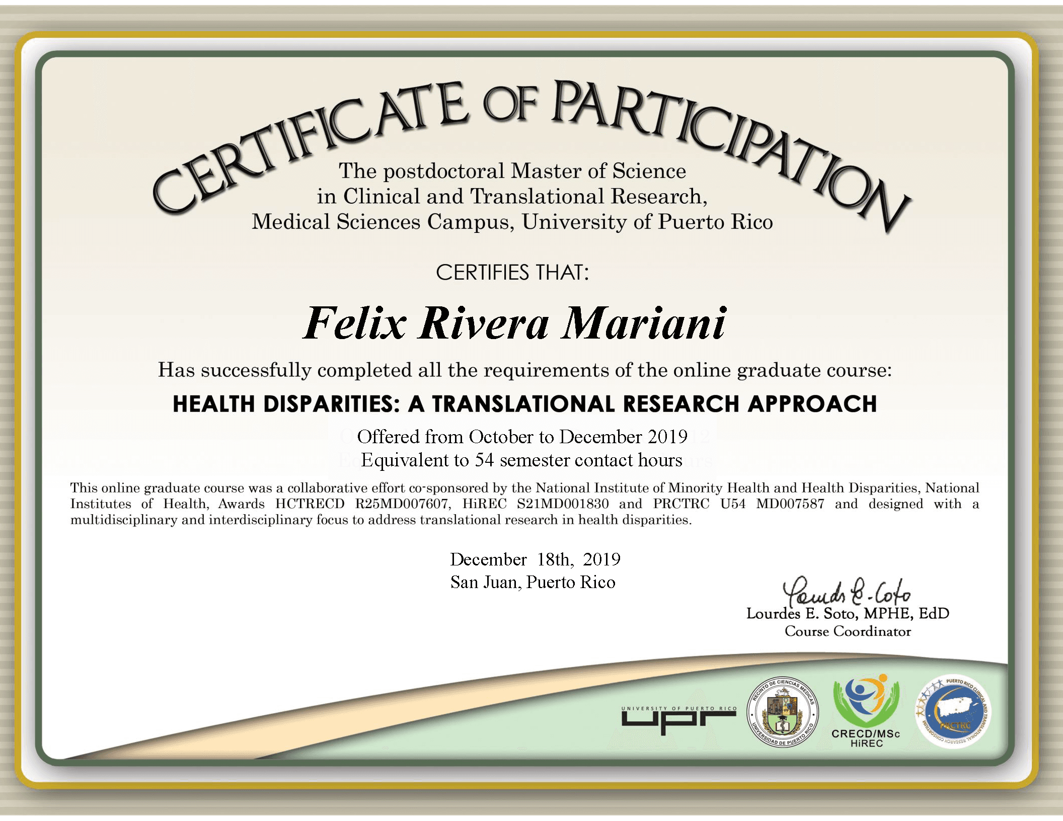 Health Disparities: A Translational Research Approach certificate