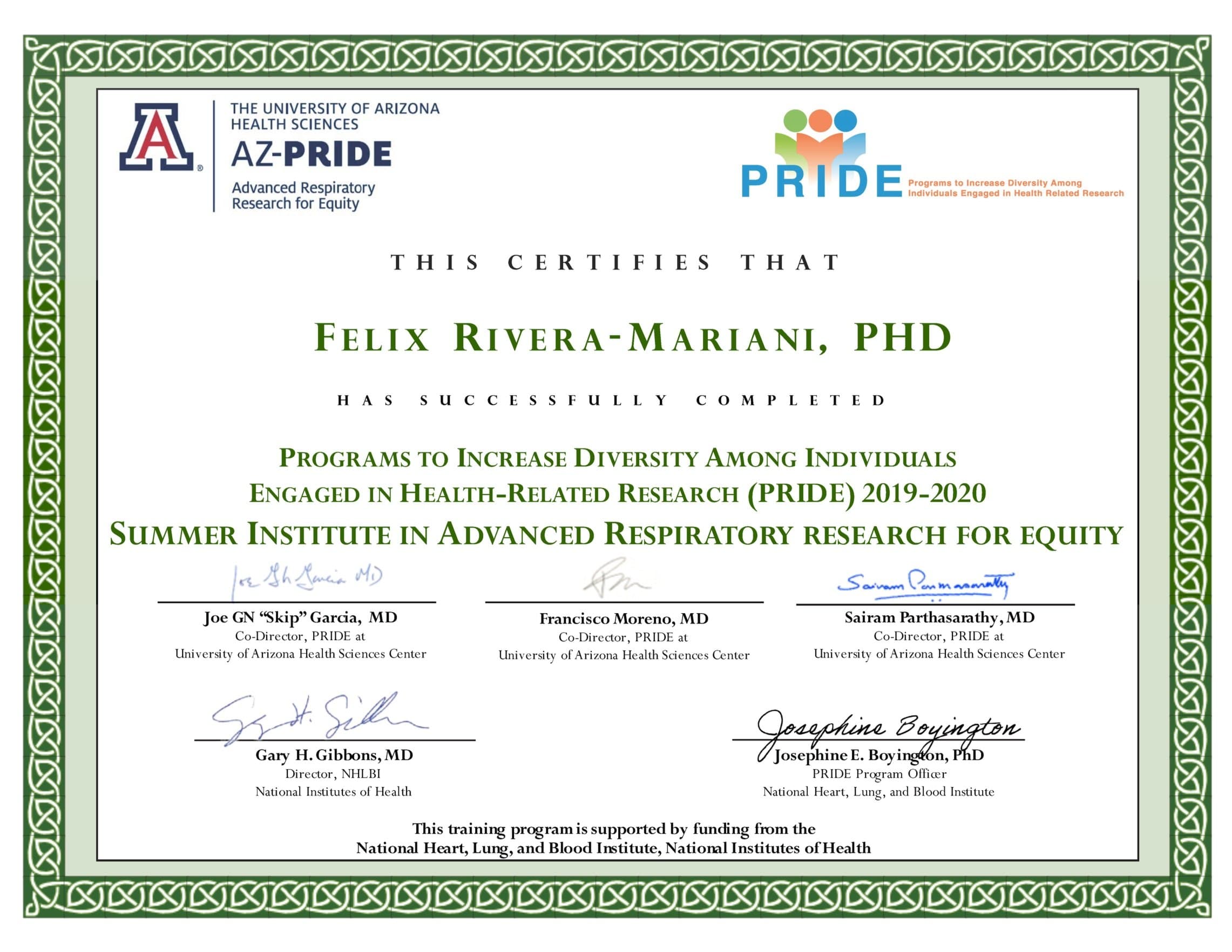 AZ-PRIDE AIRE graduation certificate awarded to Félix E. Rivera-Mariani