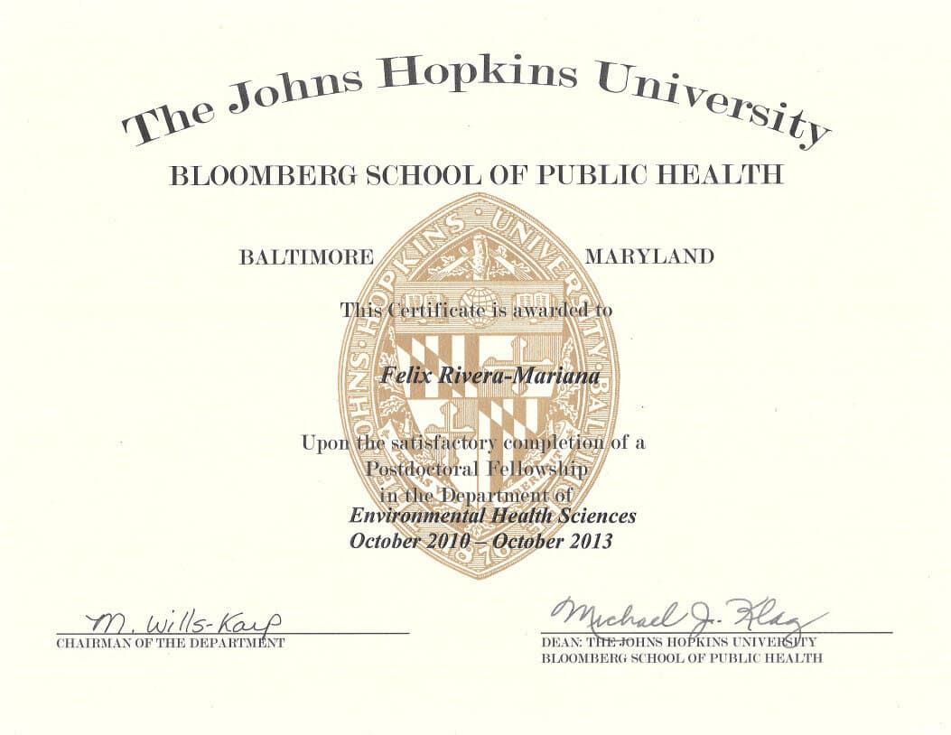 Johns Hopkins Bloomberg School of Public Health postdoctoral fellowship certificate