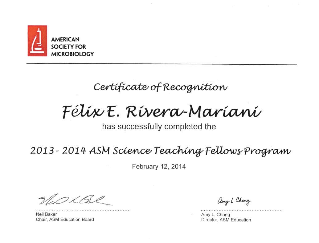 American Society for Microbiology Science Teaching Fellowship certificate